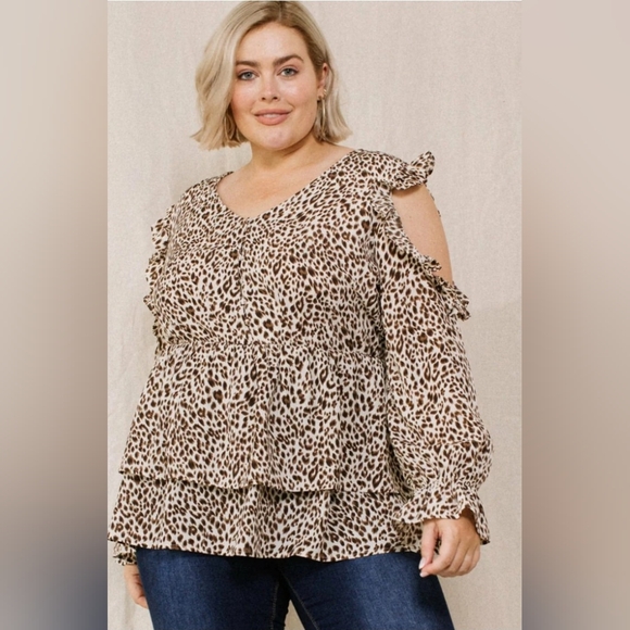 Oddi Women's Cold Shoulder Animal Print Long Sleeve Ruffles Blouse Size Large - Picture 3 of 16